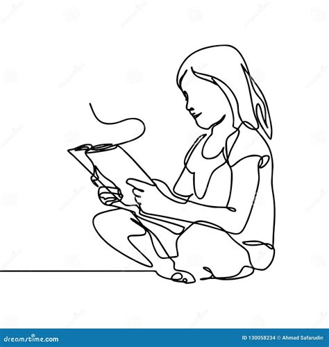 A Girl Reading a Book One Continuous Line Art Drawing Style. a Kid Sit in Calm Learning and ...