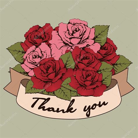 Thank you banner, Vintage Bouquet of roses flowers with a curved ribbon for your text. Greeting ...