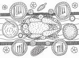 Coloring Page With Thanksgiving turkey dinner Table Top View Vector  sketch template