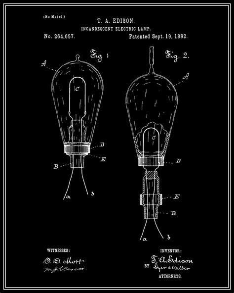 Thomas Edison Electric Lamp Patent - Black Digital Art by Finlay McNevin