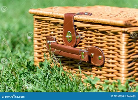 Picnic Basket Hamper with Leather Handle in Grass Stock Photo - Image ...