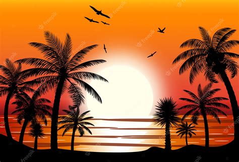 Premium Vector | Silhouette of palm tree on beach.