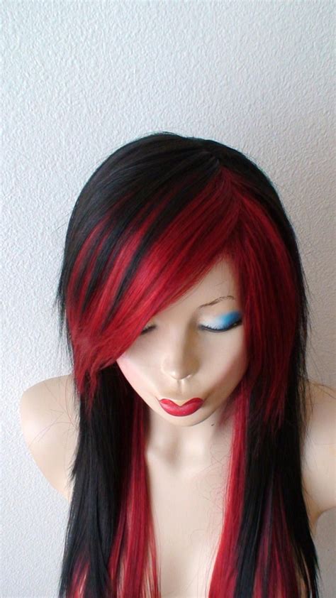 Black /wine Red Wig. 28 Straight Layered Hair Side Bangs - Etsy | Black hair wigs, Hair styles ...