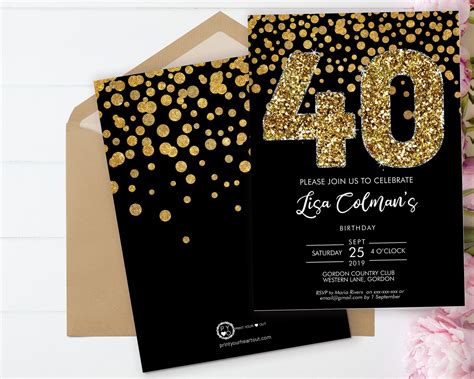 DIY 40th Birthday Confetti Invitation Printable Template, Black Gold Glitter Editable Birthday ...