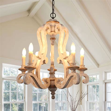 French Country Chandelier, Distressed White 6-Light Rustic Farmhouse ...