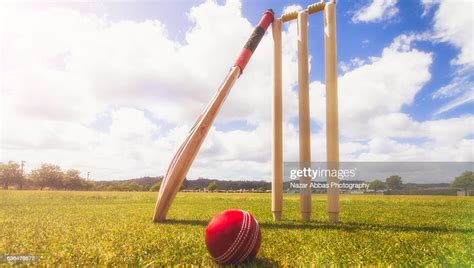 Cricket Bat Ball And Wickets In Cricket Ground High-Res Stock Photo ...