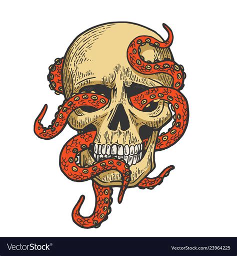 Octopus in human skull color sketch Royalty Free Vector