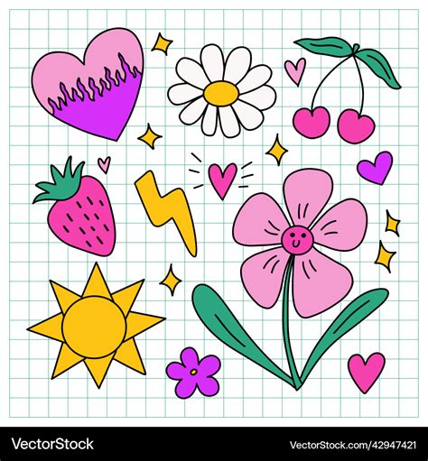 Y2k doodle clip art elements set outlined bright Vector Image