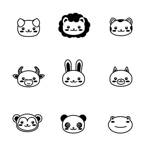 editable line, stroke. face head icon set. Kawaii animal. Cute cartoon characters. Funny baby ...