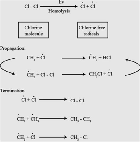 In the free radical chlorination of methane, the chain initiation step involves the formation of: