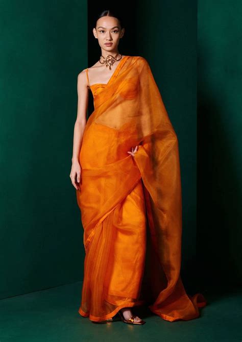 Tangerine orange organza sari and unstitched blouse | Indian dress up ...