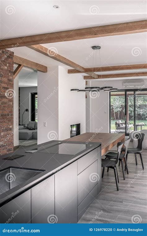 Stylish Interior in Modern Style with Wooden Beams Stock Photo - Image of estate, door: 126978220