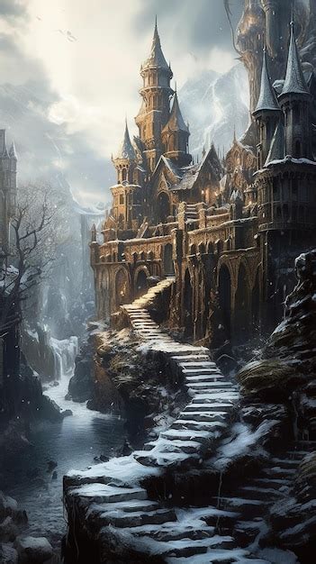 Premium AI Image | A painting of a castle with a snowy landscape