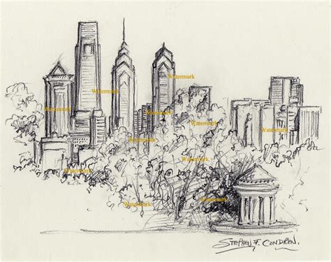 Philadelphia Skyline Charcoal Drawing of Downtown & FDR Park #799