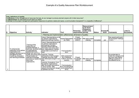 Example of a Quality Assurance Plan Excel document - N Objective Activity Indicator Tool Person ...