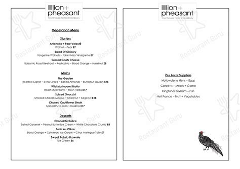 Menu at Lion + Pheasant Hotel pub & bar, Shrewsbury