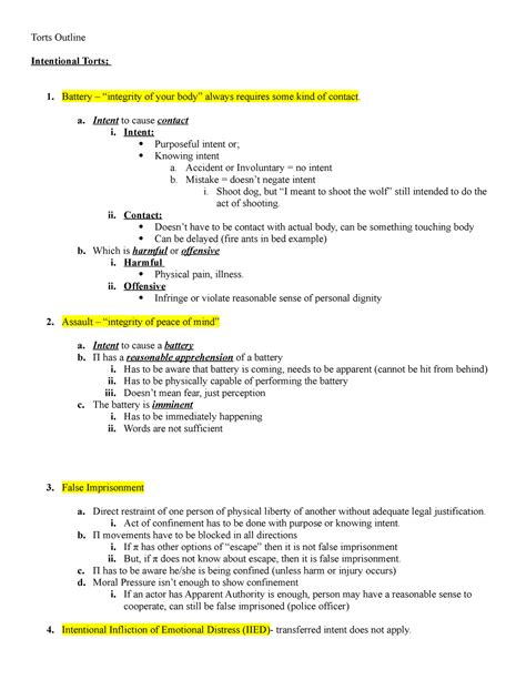 Torts Outline - Pace Law - Torts Outline Intentional 1. Battery of your ...