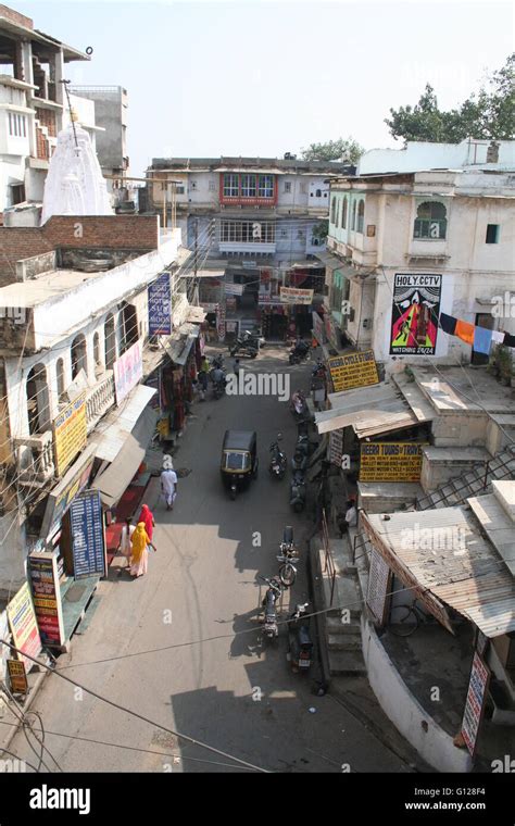 Indian street view from the a rooftop, Indian street photography, life in India, tuk tuks in ...