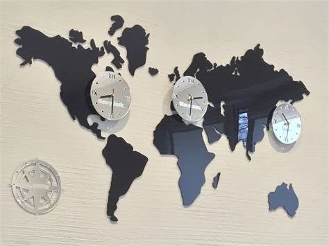 Big Wall Clock WORLD MAP 3 Time Zones Modern Clock Gift Wall Decoration ...