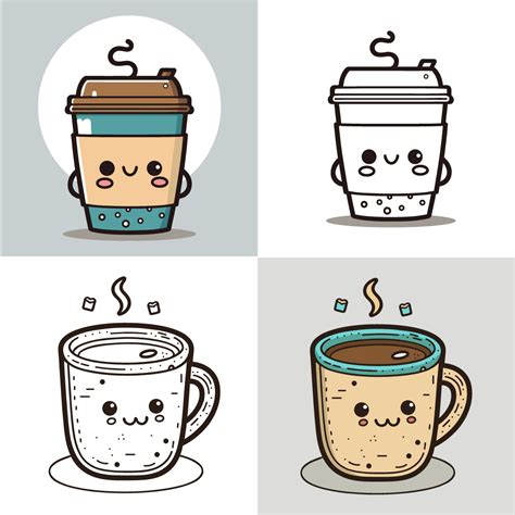 Coffee Cup Logo, Cute Coffee Cup Cartoon line art colorful Vector ...