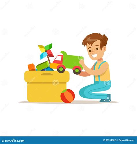 Boy Putting His Toys in Special Box Smiling Cartoon Kid Character Helping with Housekeeping and ...