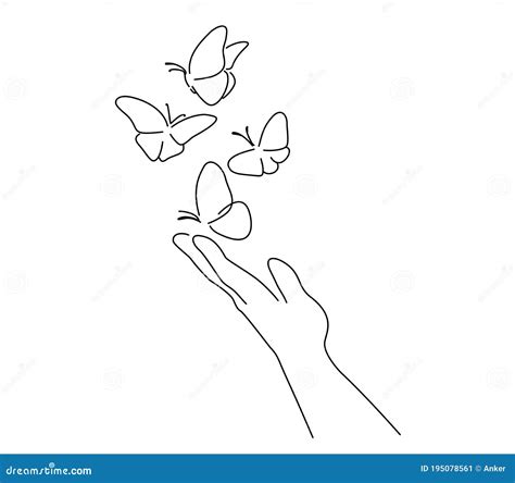 Hand with Butterfly on Finger. Line Art Drawing Stock Vector - Illustration of line, continuous ...