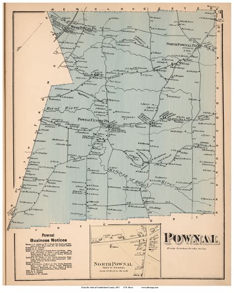 Pownal Town and North Pownal Village, Maine 1871 Old Town Map Reprint ...