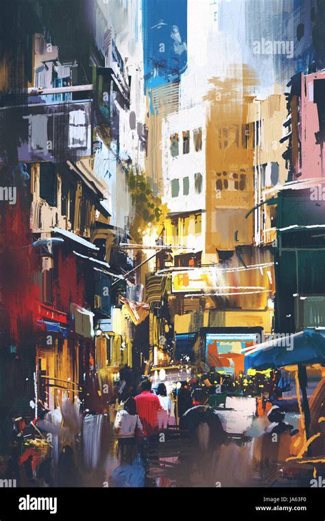 people walking in city street with digital art style, illustration ...