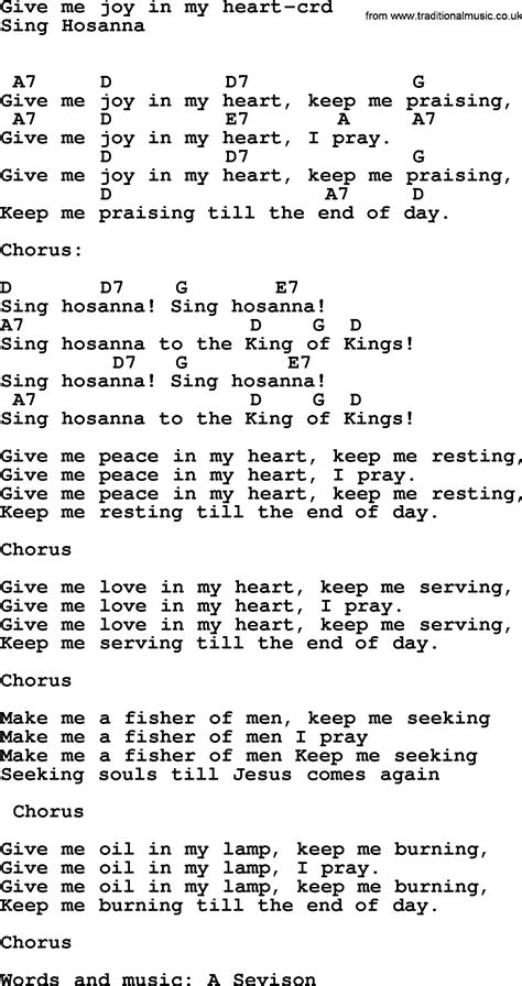 Top 500 Hymn: Give Me Joy In My Heart - lyrics, chords and PDF