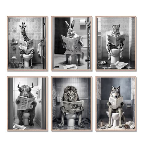 Animals Print, Set of 6, Funny Bathroom Decor, Animals in Toilet, Black and White Animals, Mega ...