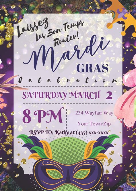 Mardi Gras Party Invitation. Personalize with your own information! Editable on Adobe ...