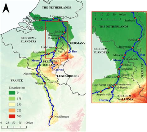 Meuse river course and catchment topography, national borders, and main... | Download Scientific ...