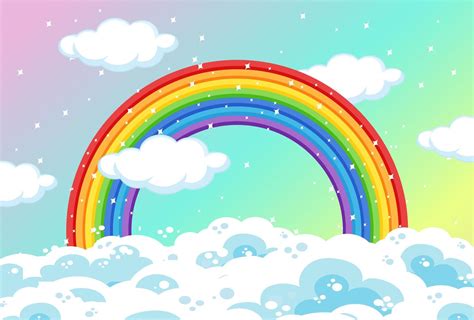 Rainbow with clouds and glitter on pastel sky 1340746 Vector Art at ...