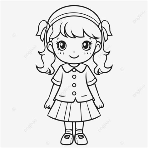 Cute Little Girl In A School Uniform Coloring Page Outline Sketch Drawing Vector, School Drawing ...