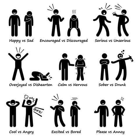 Opposite Feeling Emotions Positive vs Negative Actions Stick Figure Pictogram Icons. 371706 ...