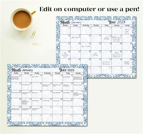 Editable & Printable Blank Calendar Pages in Blue Damask Design ...