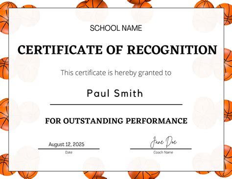 Basketball Award Certificate of Recognition Template, Editable in Canva ...