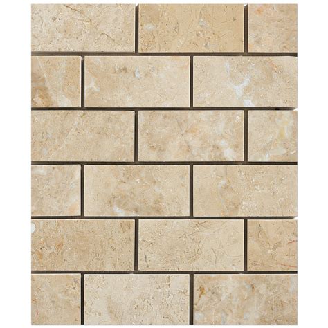 2x4 Bursa Beige Brick Pattern Polished Marble Mesh Mounted Mosaic Tile