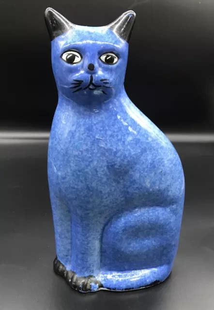 VINTAGE CALICO BLUE Spongeware Kitty Cat Statue Figurine Large Ceramic ...