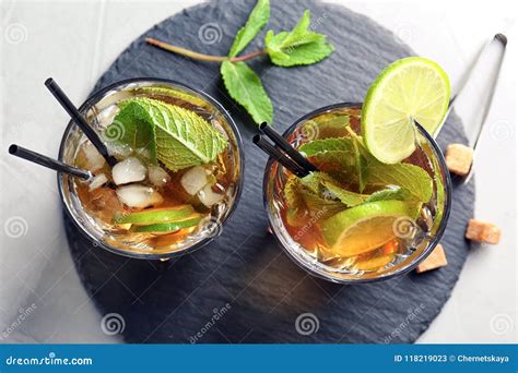 Glasses with Mint Julep Cocktail on Slate Plate, Top View Stock Image - Image of mint, bourbon ...