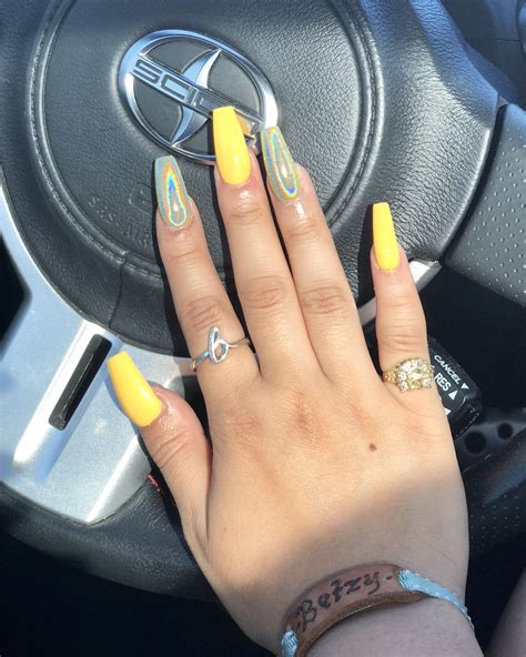 yellow holographic coffin acrylic nails Acrylic Nails Yellow, Yellow Nail Art, Summer Acrylic ...