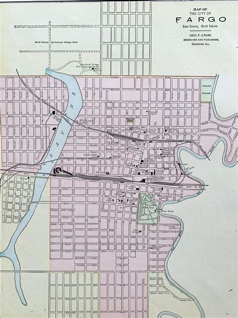 Antique Fargo Map, Original 1895 Crams Atlas Map, Fargo North Dakota ...