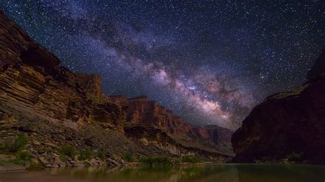 Milky Way spanning over Grand Canyon and Colorado River, Arizona, USA ...