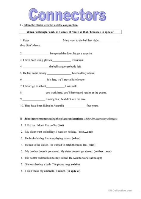 Connectors Worksheet - English ESL Worksheets