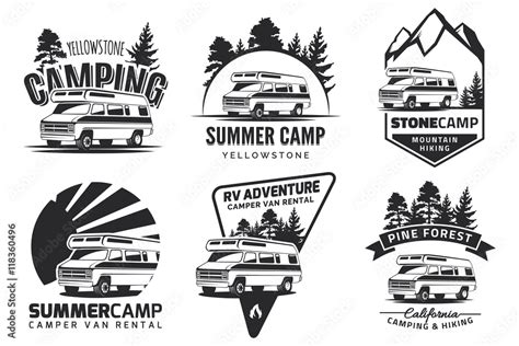 Set of monochrome camper van car logo, emblems and badges. Stock Vector ...