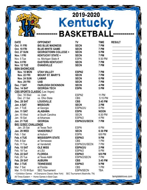 Printable University Of Kentucky Basketball Schedule
