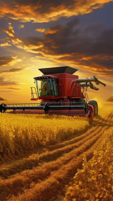 Combine Harvester in a Soybean Field Harvesting Soybeans at Sunset ...