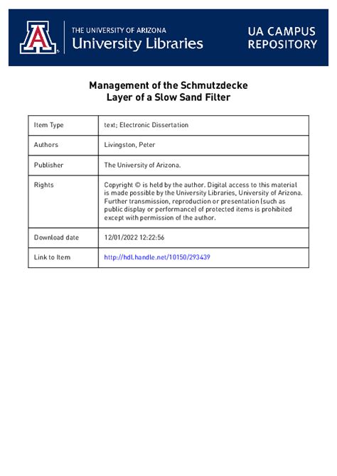 (PDF) MANAGEMENT OF THE SCHMUTZDECKE LAYER OF A SLOW SAND FILTER By | Donald Slack - Academia.edu