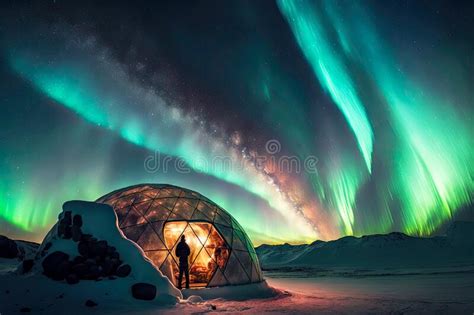 Large Snow Igloo Against Backdrop of Beautifully Colored Northern Lights Night Sky Stock ...