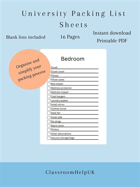 University Packing List Digital Download Printable PDF Packing List for University/college ...